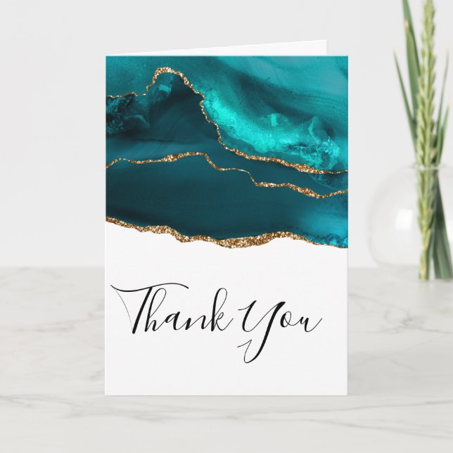 Modern Teal & Gold Agate with White Thank You Card (Front)