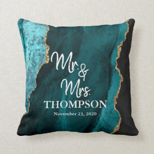 Modern Teal Gold Black and Turquoise Geode Agate Throw Pillow