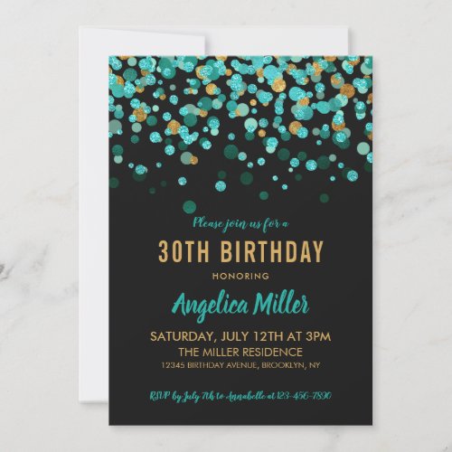 Modern Teal Gold Black Glitter Confetti Birthday Invitation