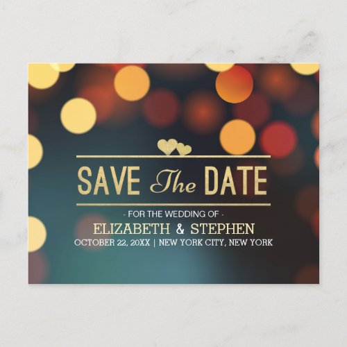 Modern Teal Gold Bokeh Light Wedding Save The Date Announcement Postcard