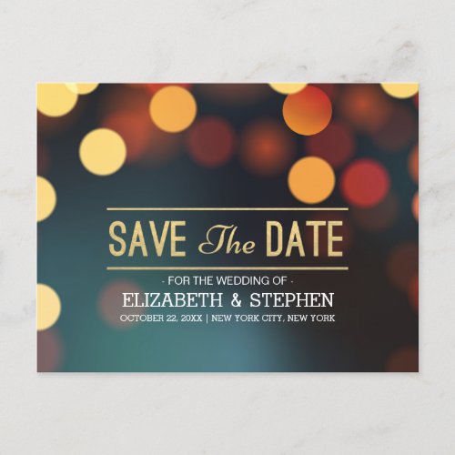 Modern Teal Gold Bokeh Light Wedding Save The Date Announcement Postcard