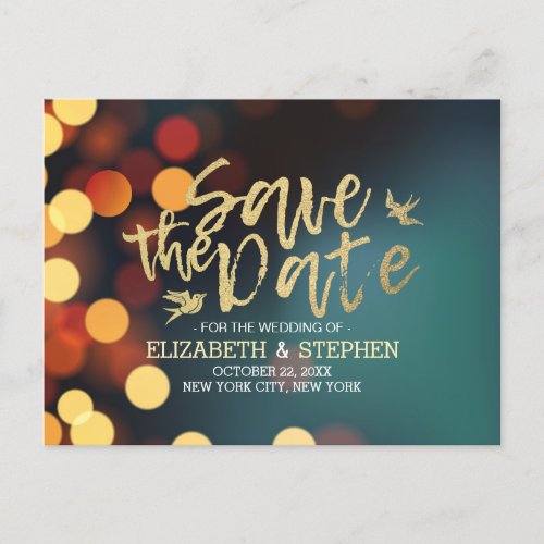 Modern Teal Gold Bokeh Light Wedding Save The Date Announcement Postcard