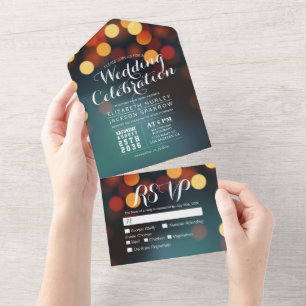 Modern Teal Gold Bokeh String Lights Wedding RSVP All In One Invitation