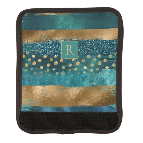 Modern teal gold brush strokes and monogram  luggage handle wrap