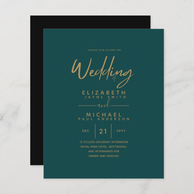 Modern Teal Gold Budget Wedding Invites (Front/Back)