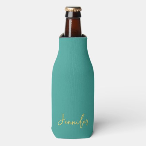 Modern Teal Gold Chic Script Personalized Bottle Cooler