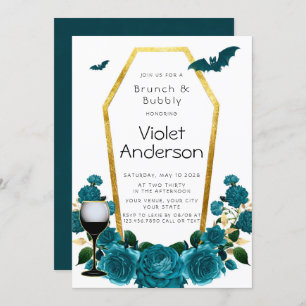 Modern Teal Gold Coffin Florals Brunch & Bubbly Invitation