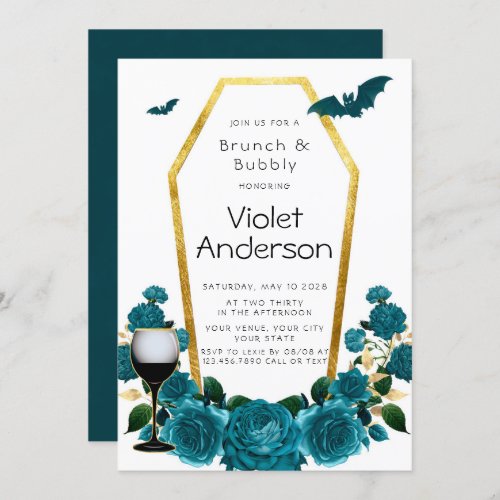 Modern Teal Gold Coffin Florals Brunch  Bubbly Invitation