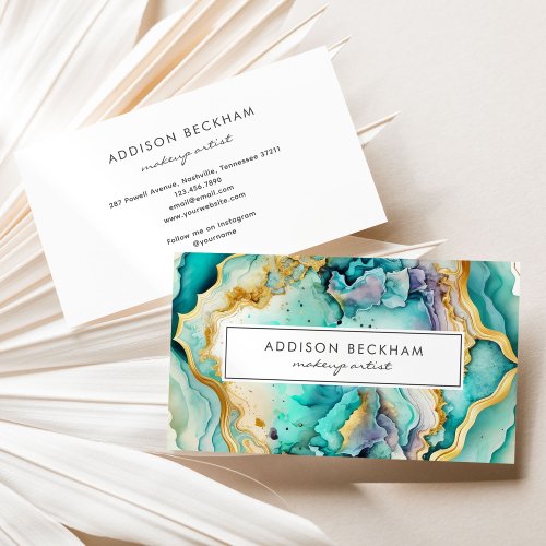Modern Teal Gold Colorful Abstract Watercolor Business Card