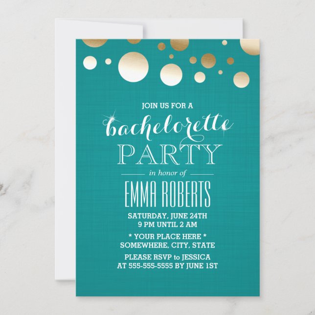 Modern Teal & Gold Dots Linen Bachelorette Party Invitation (Front)