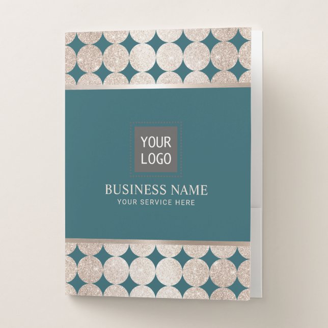 Modern Teal & Gold Geometric Circles Custom Logo Pocket Folder (Front)