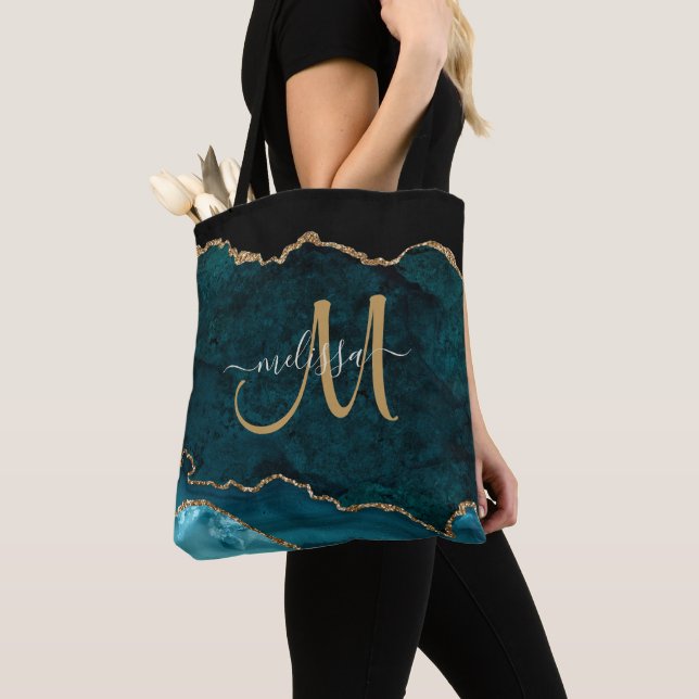 Modern Teal Gold Glitter Agate Monogram Name Tote Bag (Close Up)