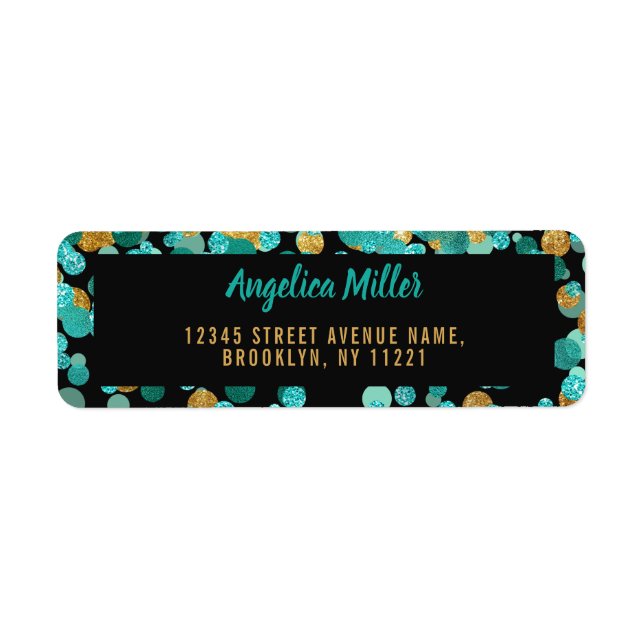 Modern Teal Gold Glitter Confetti Black Turquoise Label (Front)
