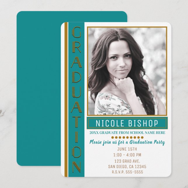 Modern Teal Gold Graduation Party Graduate Photo Invitation (Front/Back)