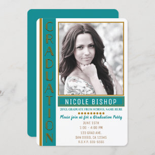 Modern Teal Gold Graduation Party Graduate Photo Invitation