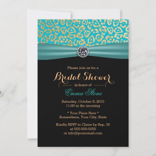 Modern Teal &amp; Gold Leopard Print Bridal Shower 5x7 Paper Invitation Card