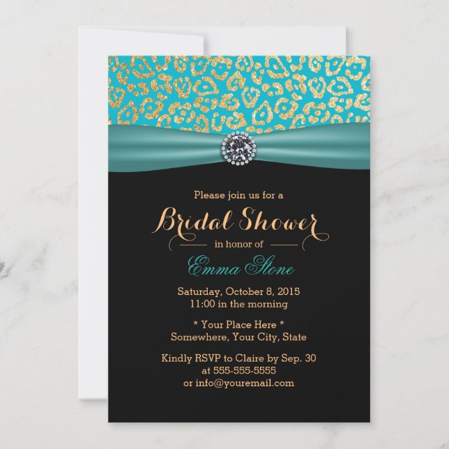 Modern Teal & Gold Leopard Print Bridal Shower Invitation (Front)