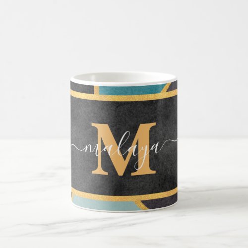 Modern Teal Gold Line Monogram Coffee Mug