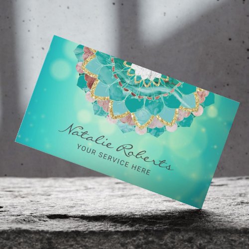 Modern Teal  Gold Mandala Flower Spa Salon Business Card