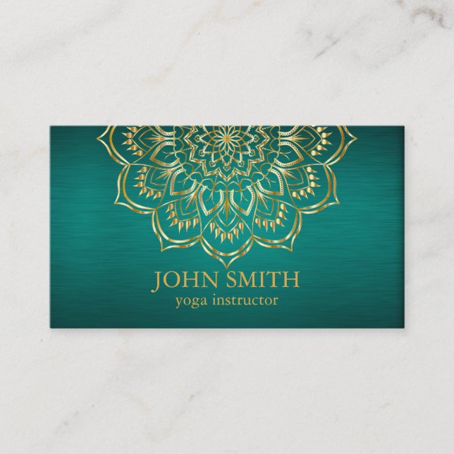 Modern Teal & Gold Mandala Yoga Instructor Business Card (Front)