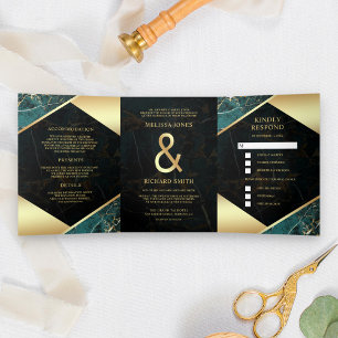 Modern Teal Gold Marble Ampersand Wedding Tri-Fold Invitation
