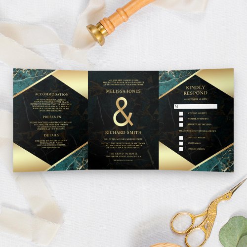 Modern Teal Gold Marble Ampersand Wedding Tri_Fold Invitation
