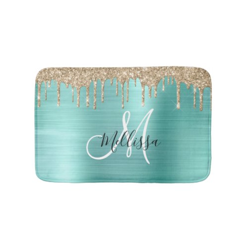 Modern Teal Gold Monogram Glitter Metallic Name Bath Mat