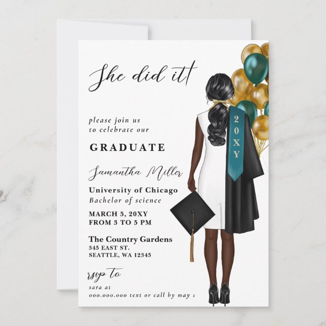 Modern Teal Gold Photo She Did It Graduation Invitation (Front)
