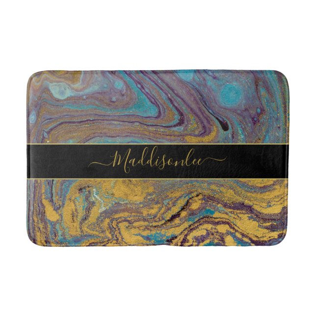 Modern Teal Gold Purple Marble Agate Monogram Name Bath Mat (Front)