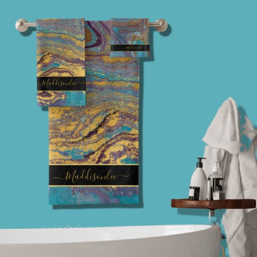 Modern Teal Gold Purple Marble Agate Monogram Name Bath Towel Set