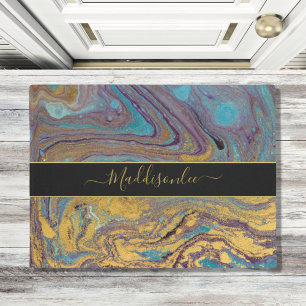 Modern Teal Gold Purple Marble Agate Monogram Name Doormat