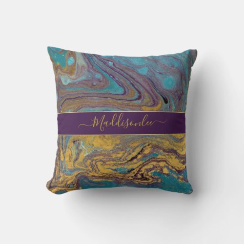 Modern Teal Gold Purple Marble Agate Monogram Name Throw Pillow