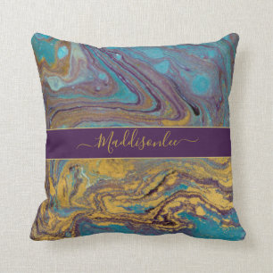 Modern Teal Gold Purple Marble Agate Monogram Name Throw Pillow