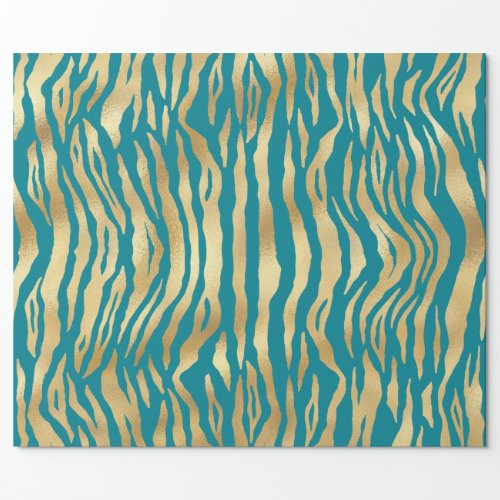 Modern Teal Gold Shimmer Tiger Stripes Birthday Wrapping Paper