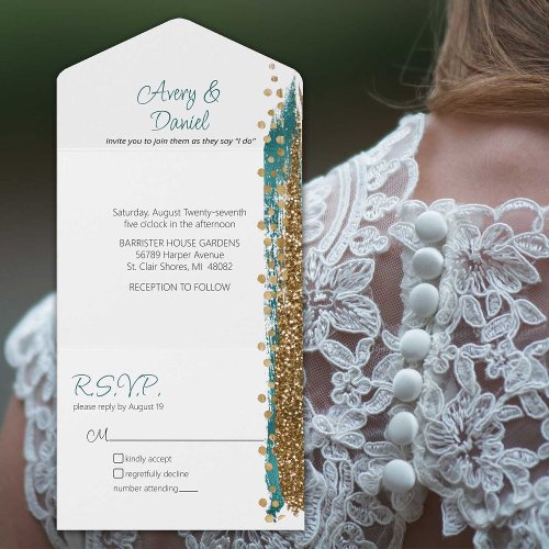 Modern Teal Gold Sparkle Calligraphy Wedding All In One Invitation