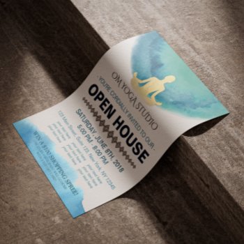 Modern Teal Gold Watercolor Yoga Studio Open House Flyer by ReadyCardCard at Zazzle