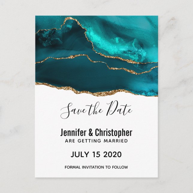 Modern Teal Gold & White Agate Save the Date Invitation Postcard (Front)