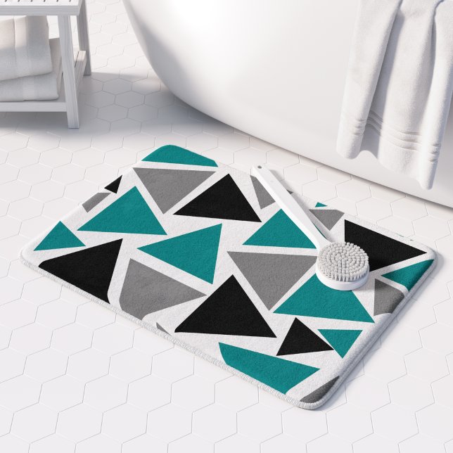 Modern Teal Gray Black White Triangle Pattern Bath Mat (Creator Uploaded)