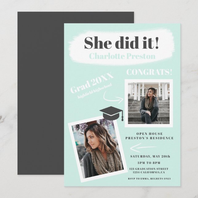 Modern teal gray brushstroke graduation 2 photos invitation (Front/Back)