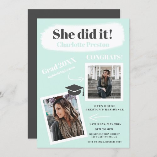 Modern teal gray brushstroke graduation 2 photos invitation