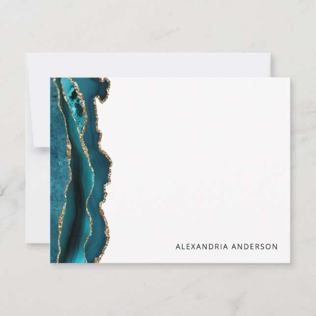 Modern Teal Green Agate Gold Glitter Marble Geode Note Card (Front)