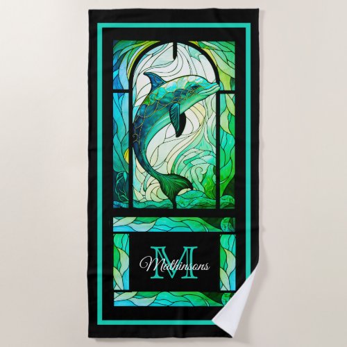 Modern Teal Green and Blue Dolphins in the ocean  Beach Towel