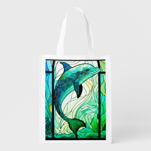 Modern Teal Green and Blue Dolphins in the ocean  Grocery Bag