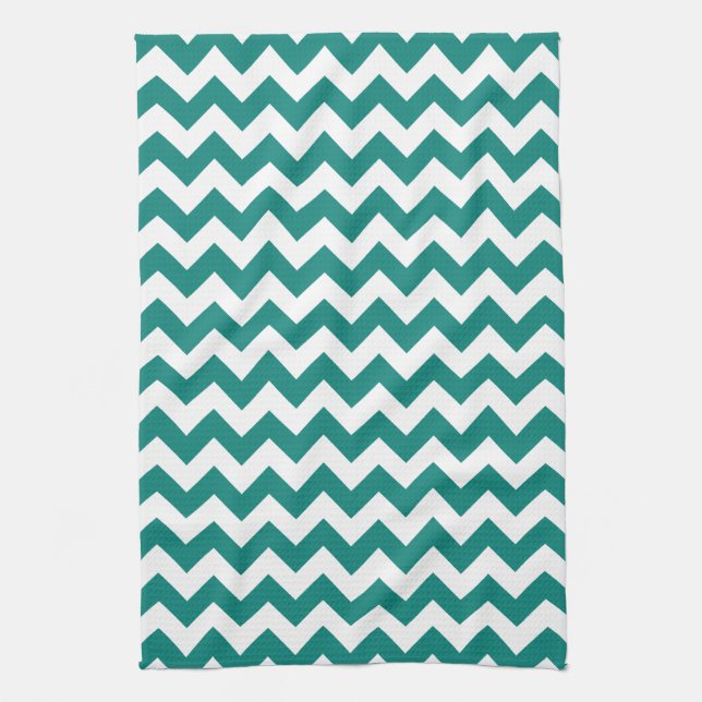 Modern Teal Green and White Chevron Zigzag Pattern Kitchen Towel (Vertical)