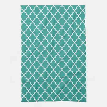 Modern Teal Green And White Moroccan Quatrefoil Kitchen Towel by cardeddesigns at Zazzle