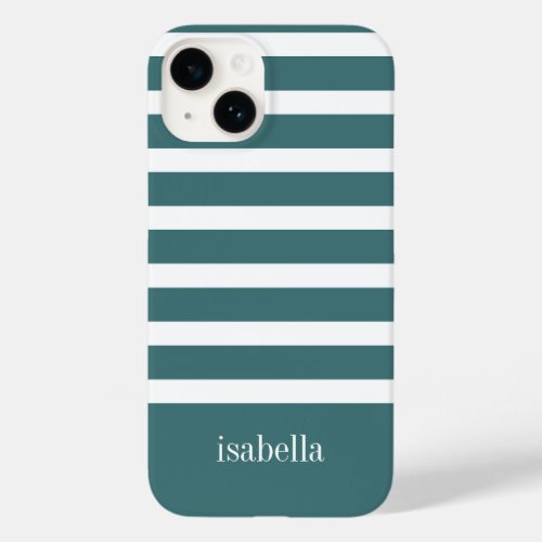 Modern Teal Green and White Stripe with Monogram Case_Mate iPhone 14 Case