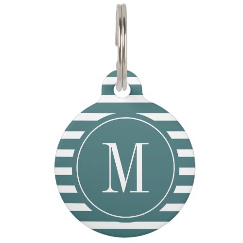 Modern Teal Green and White Stripe with Monogram  Pet ID Tag