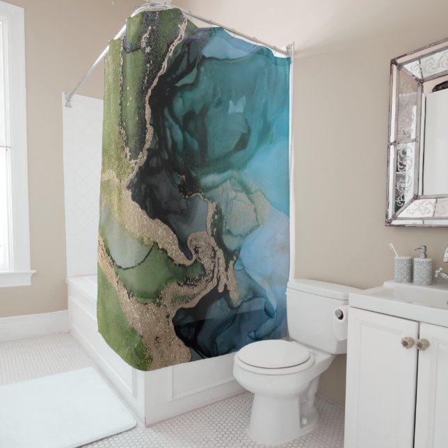 Modern Teal Green Black Shower Curtain (In Situ)