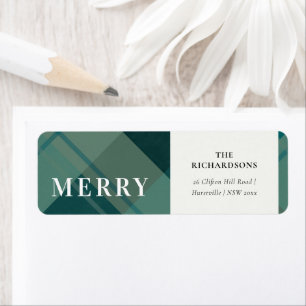 Modern Teal Green Blue Plaid Merry Christmas Label