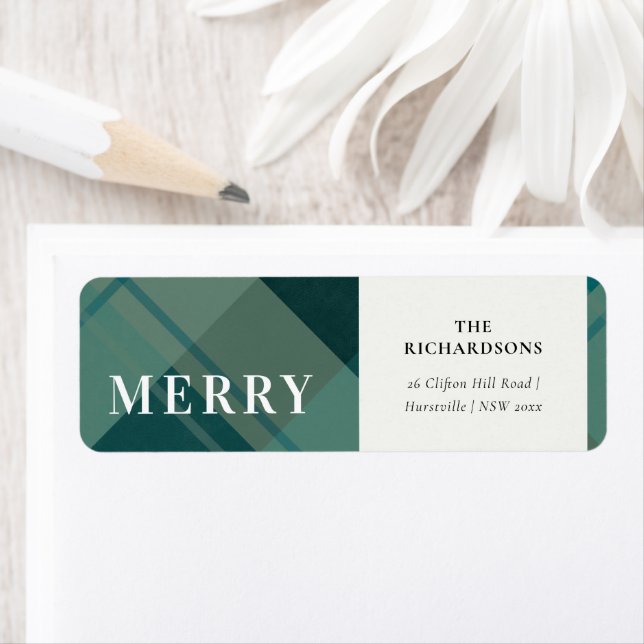 Modern Teal Green Blue Plaid Merry Christmas Label (Insitu)